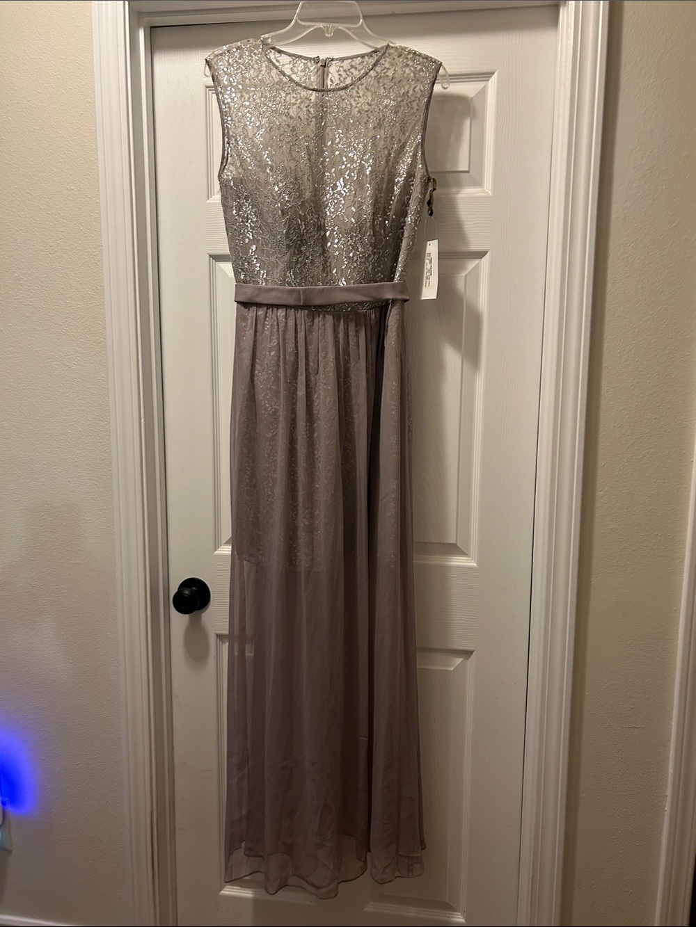SLNY Silver Lace Sequin & Chiffon Evening Gown